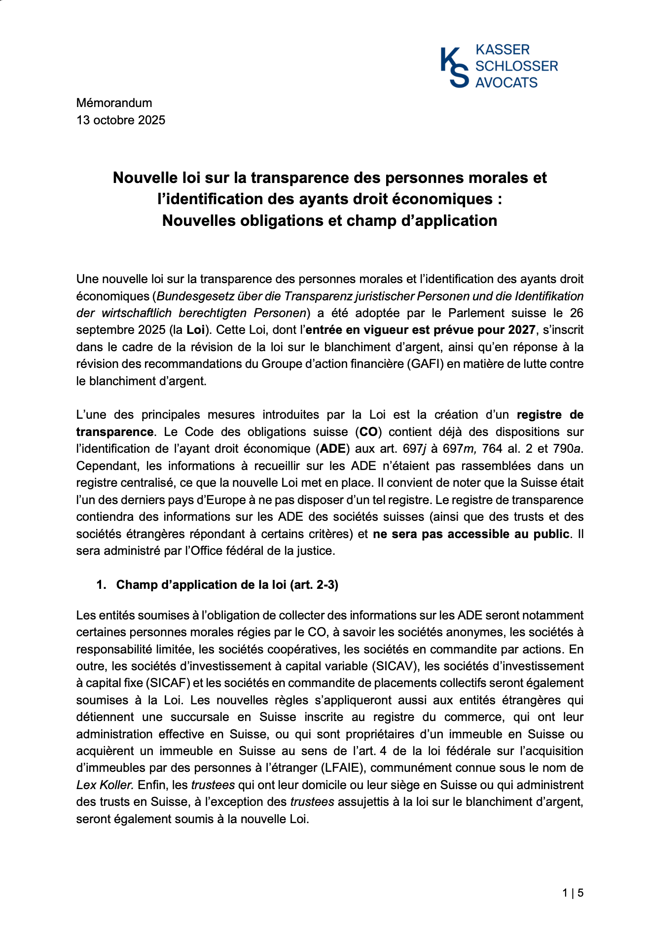 Nouvelle loi sur la transparence des personnes morales et l’identification des ayants droit économiques : Nouvelles obligations et champ d’application